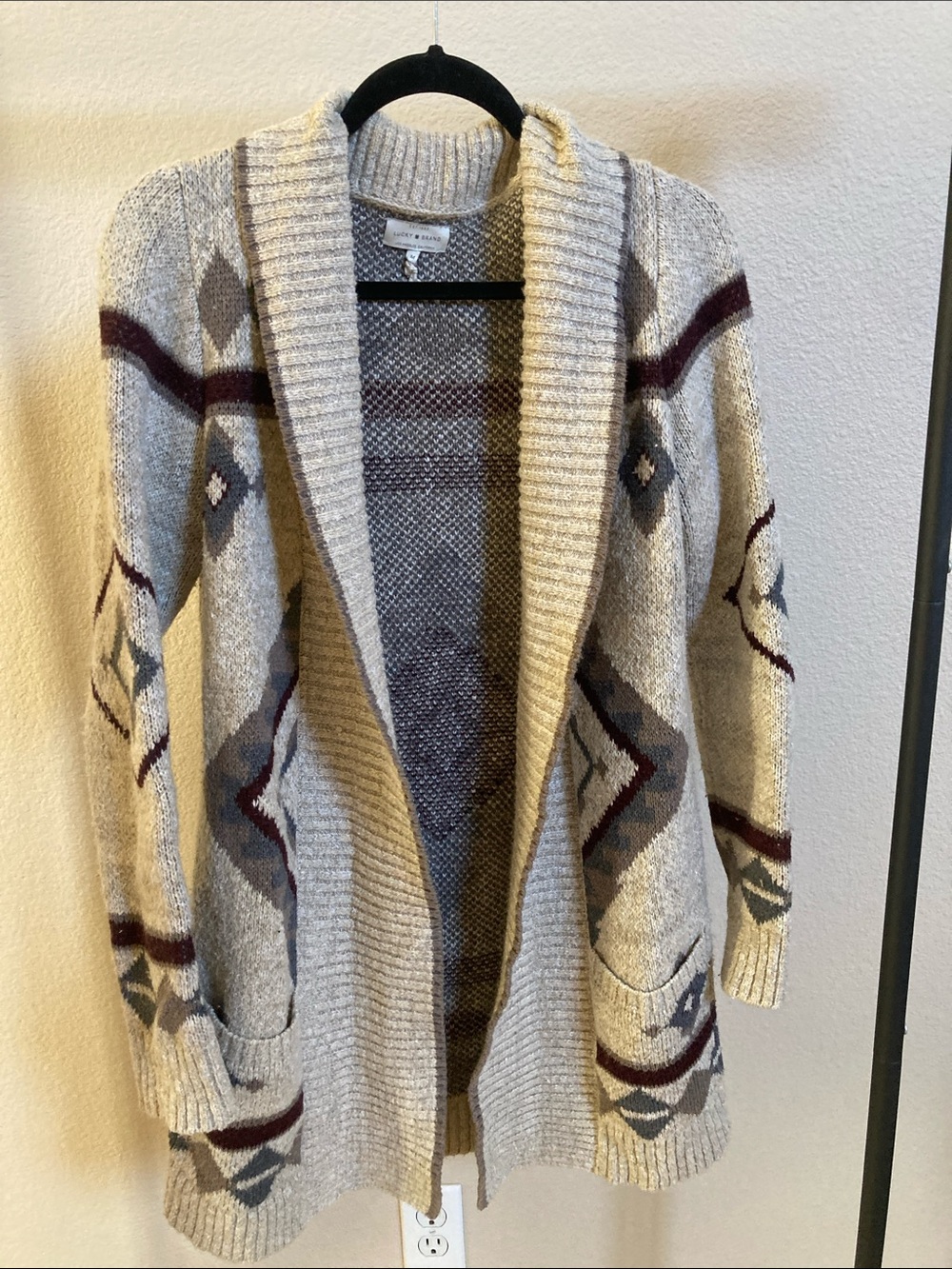 Lucky Brand Cream Open-Front Aztec Cardigan with Gray and Burgundy Accents